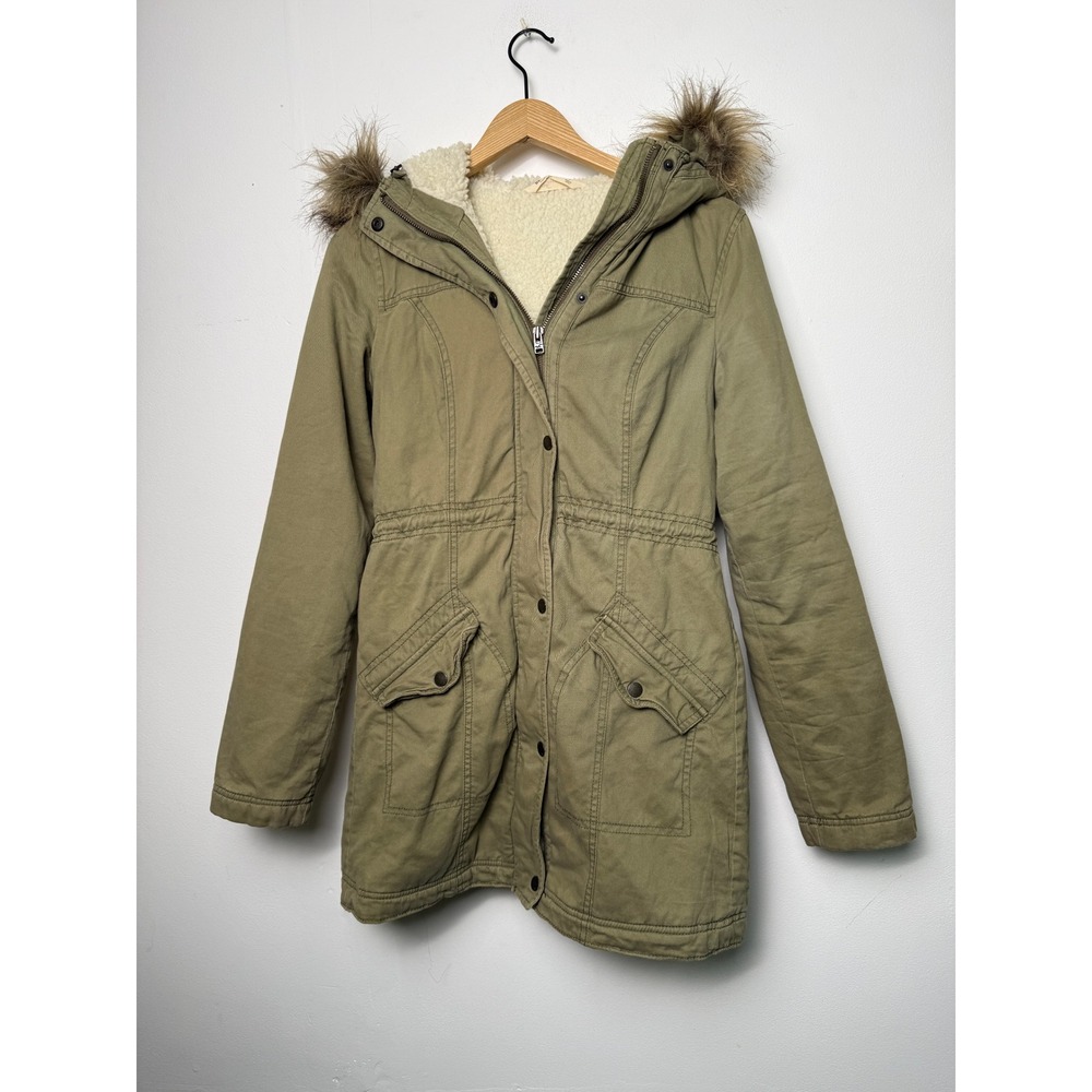 Hollister Women Olive Green Sherpa Lined Parka Jacket Faux Fur Hood Size S